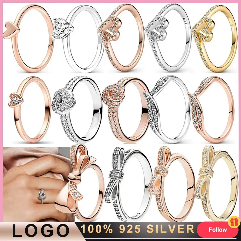 Popular 925 Silver Women's Exquisite Flower Shining Bow Original Heart shaped Luxury Logo Ring DIY Charm Gift Fashion Jewelry