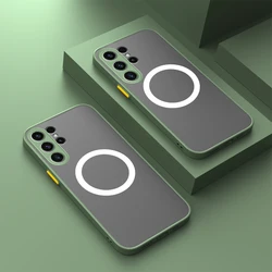 Luxury Magnetic Wireless Charging Case - Shockproof Matte Clear Back Cover - Galaxy S25Ultra- (L - Green)
