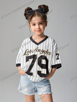 Girls Casual Sports Style Los Angeles NO.79 Pattern Color Block Print Short Sleeve V-Neck Women's Children T-shirt Tops 1