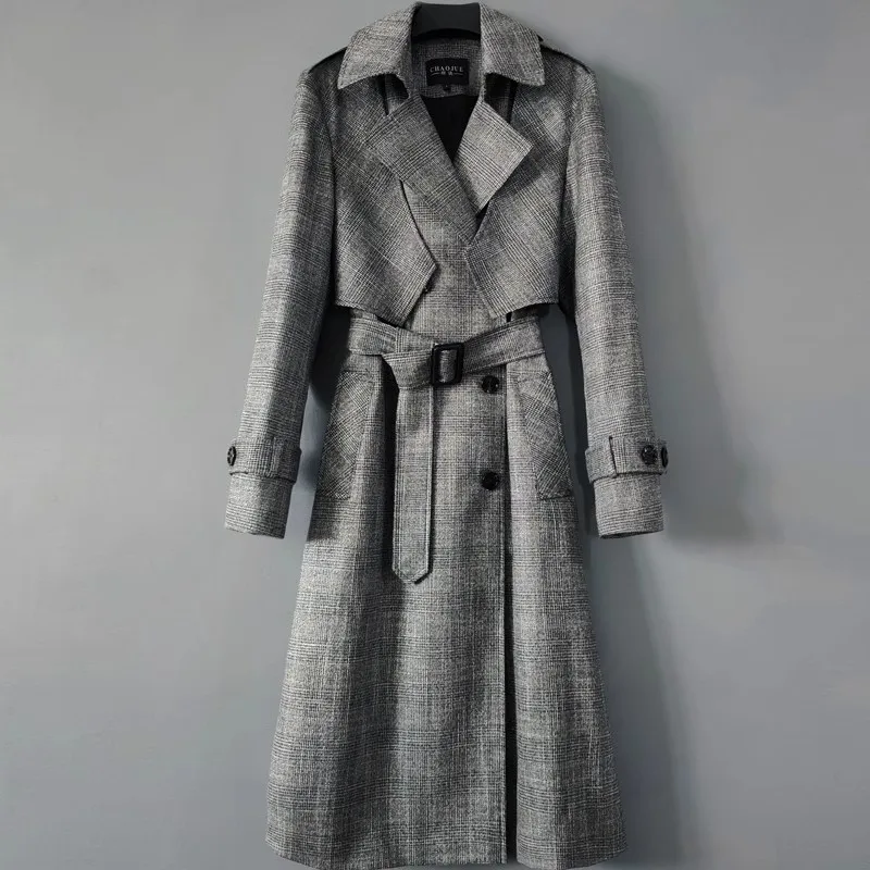 

Spring Autumn New Vintage Plaid Trench Coat Women Casual Windbreaker Loose Long Belt Double Breasted Big Pocket Overcoat Female