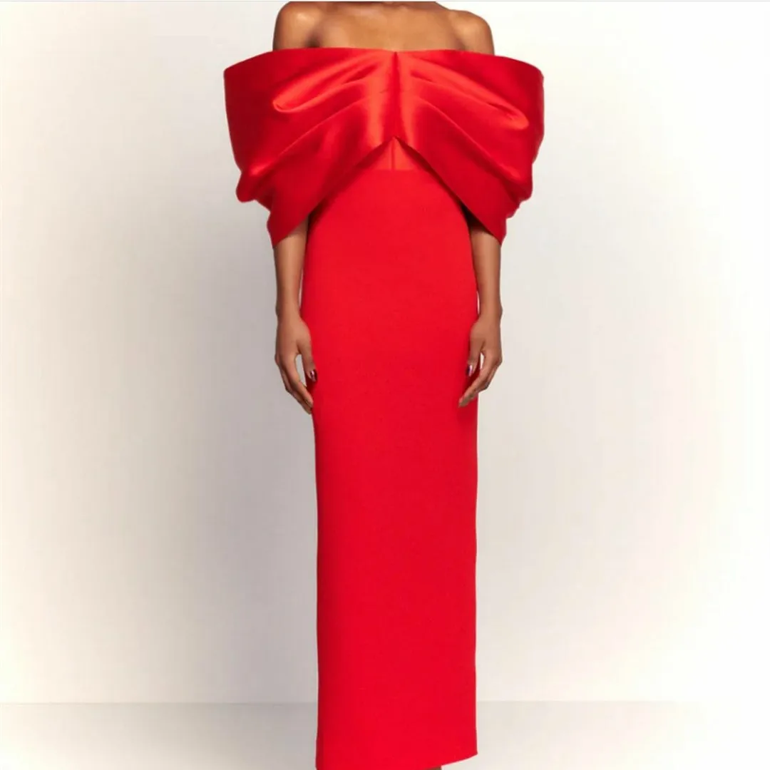 

Elegant Long Red Off Shoulder Prom Dresses With Slit Sheath Crepe Pleated Floor Length Evening Dress Robes de Soirée for Women