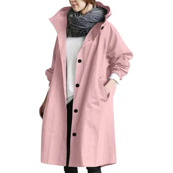 Trench lungo da donna alla moda Giacca a vento elegante tinta unita da donna Sciolto e confortevole con cappuccio Temperamento impermeabile da donna 1