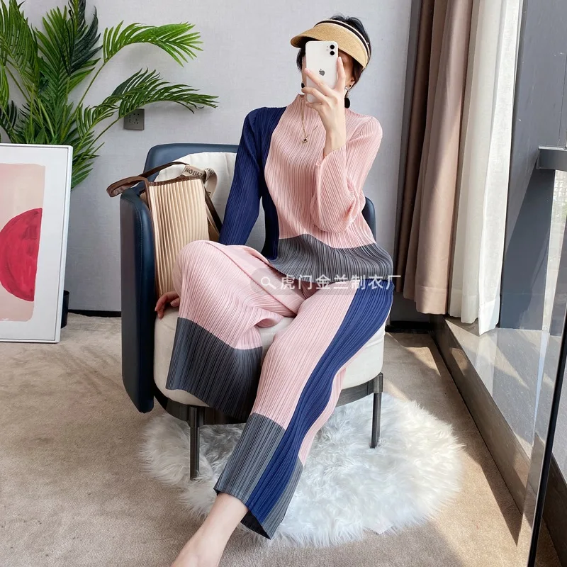

Women Miyake Pleated Suit 2023 New Women Clothing Fashion Long Sleeve Color Matching Top Wide Leg Pants High Sense Two Piece Set