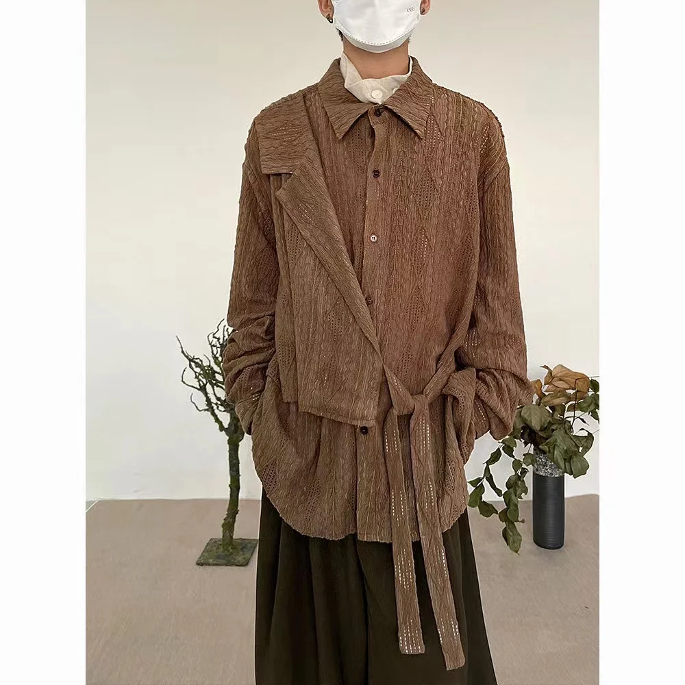 

2023 Men's Streetwear Retro Hollowed Out Long Sleeves Shirts Special Texture Splicing Fashion Trend Lapel Collar 3 Color Shirts