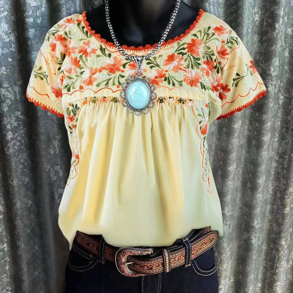 

2023 Summer All-Match Tops Women Flower Embroidery Ruffles Blouse Casual Vintage Short Sleeve Ladies Hollow Out Shirt Female