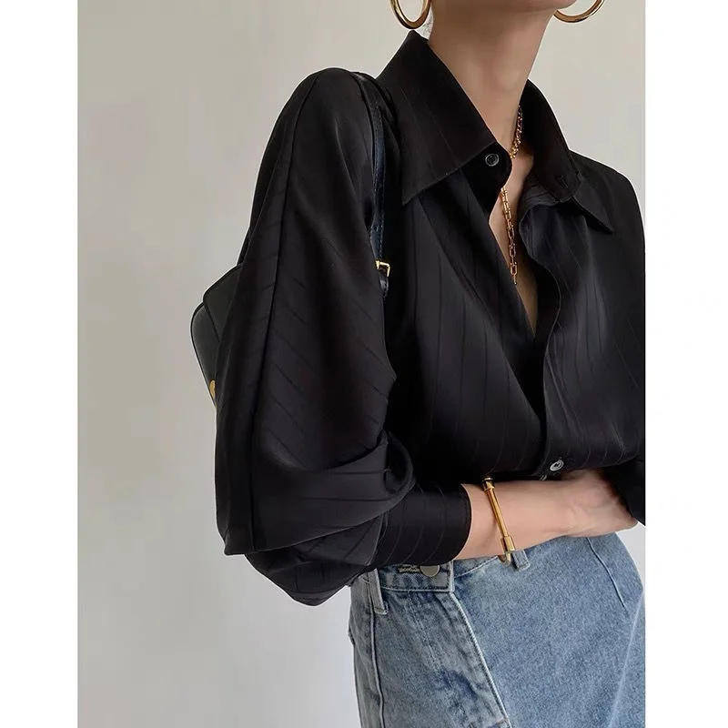 

Black Shirt Women Striped Casual Female Blouses 2023 Spring Summer Loose Korean Fashion Sexy Long Sleeve Top Vintage