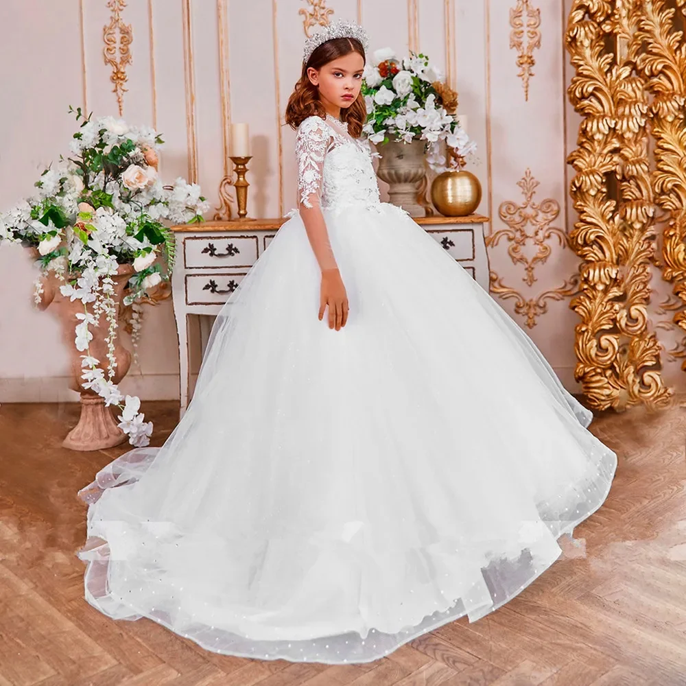 

Flower Girl Dress White Long Sleeves Lace Appliques Tulle For Wedding Princess Pageant Birthday First Communion Ball Gown