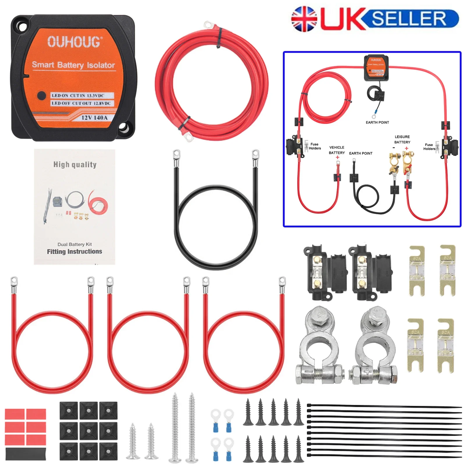 3m Ready Made Split Charge Relay Kit 12v 140 AMP VSR 110Amp Lead T4 T5 Camper UK battery isolator