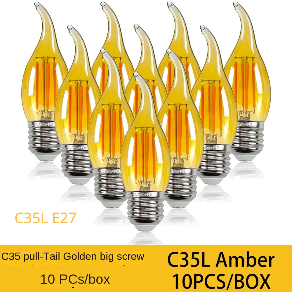 Ampoule LED à filament à intensité variable, C35, 4W, 6W, 220V, 110V, E12, E14, ci-après, base de lampe en forme de flamme pour lustre, 10 pièces