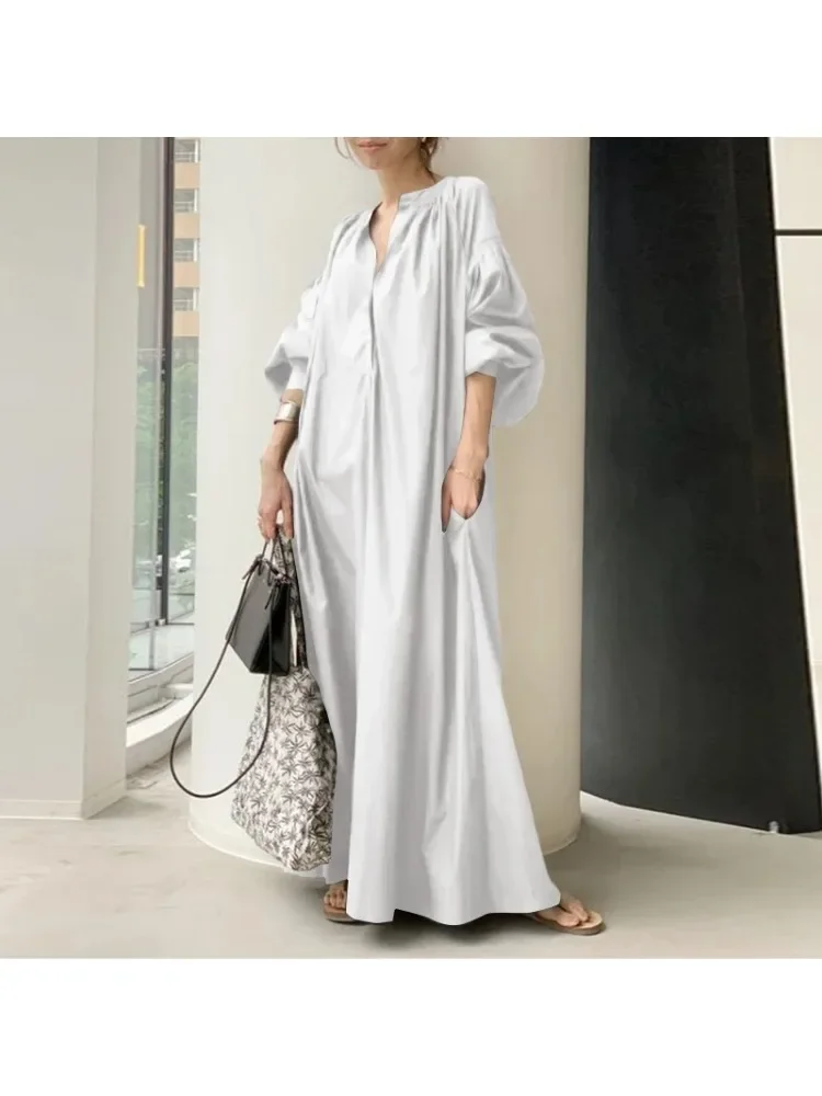 Cotton Dress Summer Elegant Solid Shirt Dress Women's Sundress Casual Lantern Half Sleeve Maxi Vestidos Female V Neck Robe - Image 3
