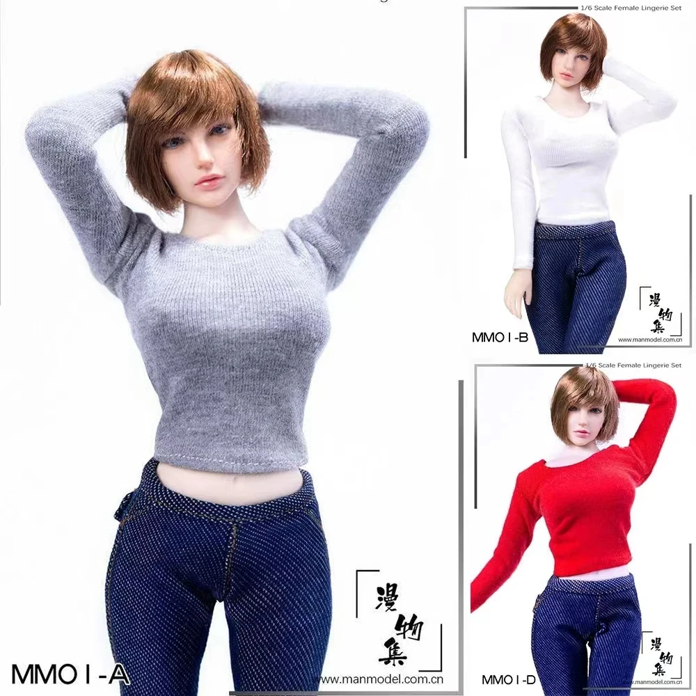 

1/6 MM01 Female Casual Long Sleeve T-Shirts Solid Color Round Neck Shirt Slim Fitting Base Tops Costume For 12in Action Figures