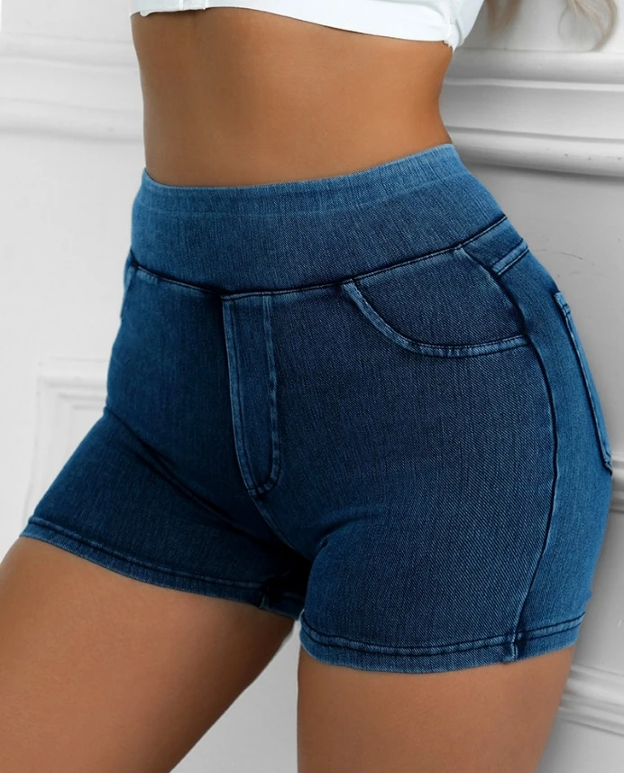 Summer New Edition Pocket Design High Waist Denim Active Shots Hip Lifting Pocket for Sports and Casual Wear with Cropped Pants