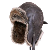 Men Winter Caps Lei Feng Hat Women's Pilot Aviator Bomber Trapper Hat Faux Fur Leather Snow Cap With Ear Flaps Windproof Warm 1