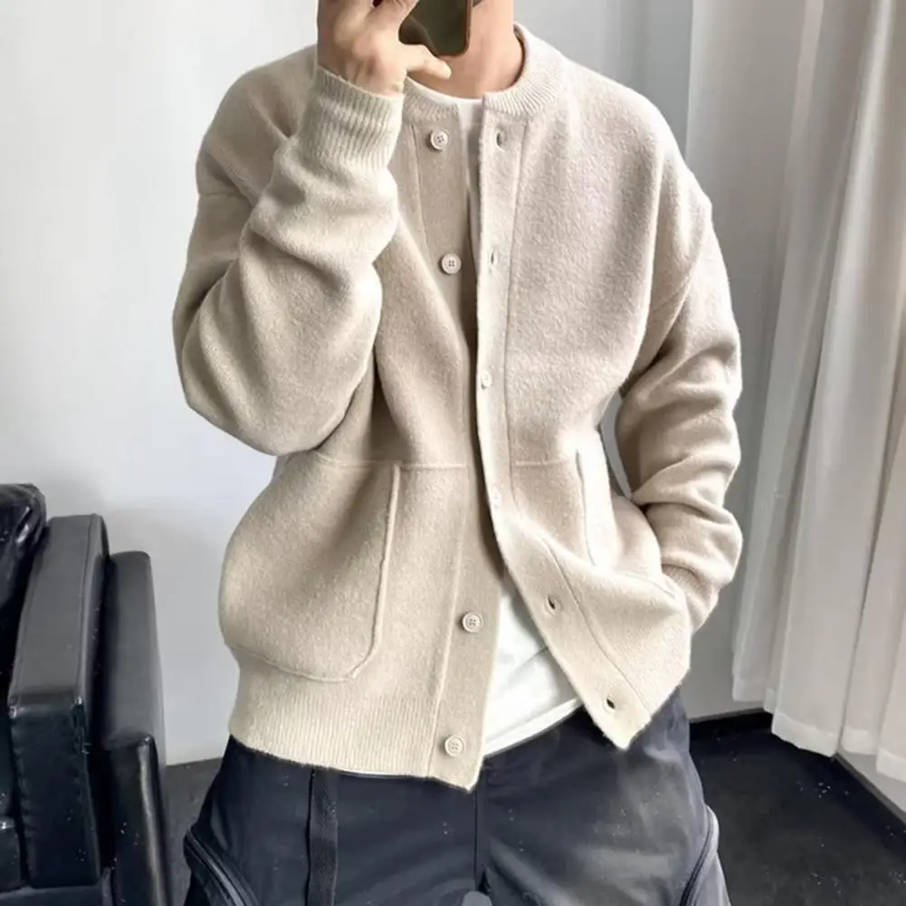 Men Sweater Coat Round Neck Single-breasted Solid Color Long Sleeve Knitted Thick Pockets Warm Men Cardigan Sweater Knitwear