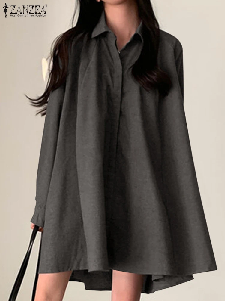 

ZANZEA Woman Fashion Dress Elegant Solid Color Sundress Long Sleeve Lapel Neck Shirtdress Female Casual Street Robe Oversized