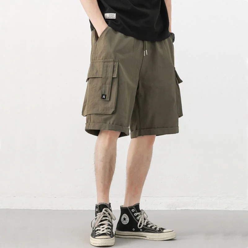 Summer Thin Men's Clothing Loose Oversized Fashion Casual Solid Color Trend Elastic Waist Drawstring Handsome Cargo Sports Short