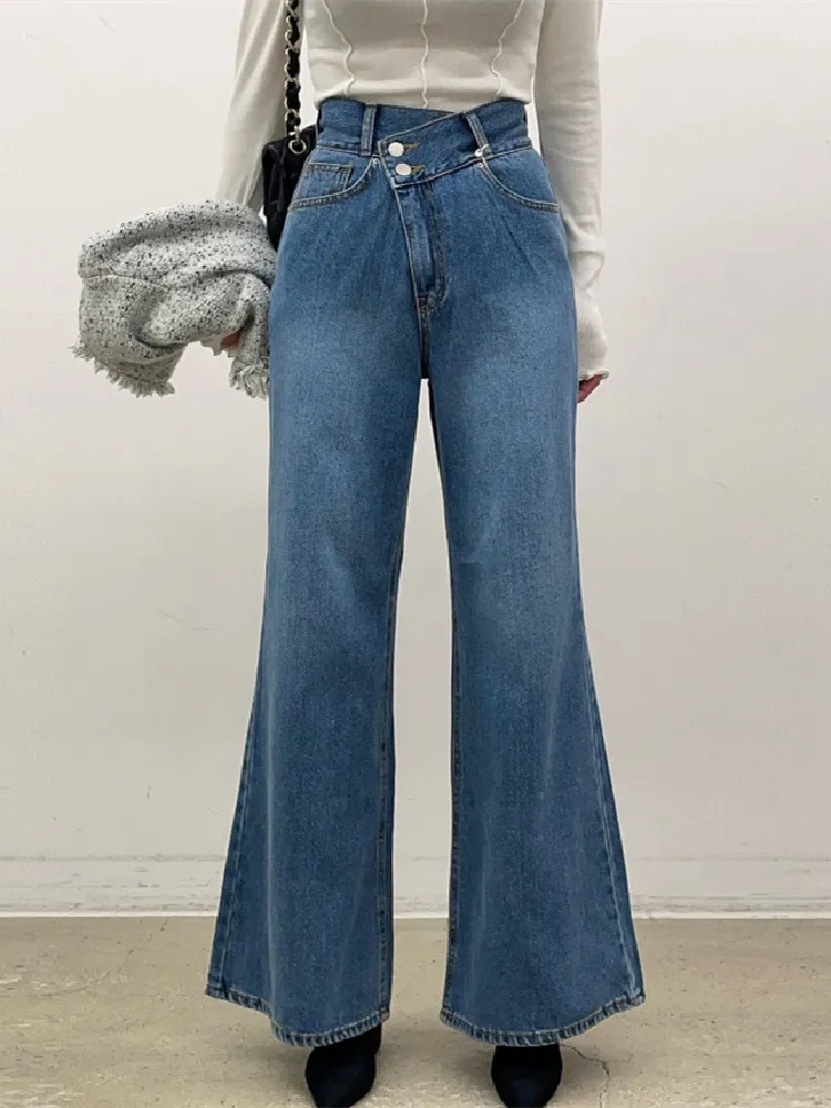 

High Waist Slightly Flared Jeans Women Two Button Solid Color Loose Casual Denim Trousers Female Vintage Baggy Pants Autumn