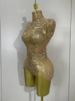 Sexy Shining Golden Rhinestone Mesh See Through Bodysuit Women Birthday Evening Party Celebrate Performance Nightclub Stage Wear