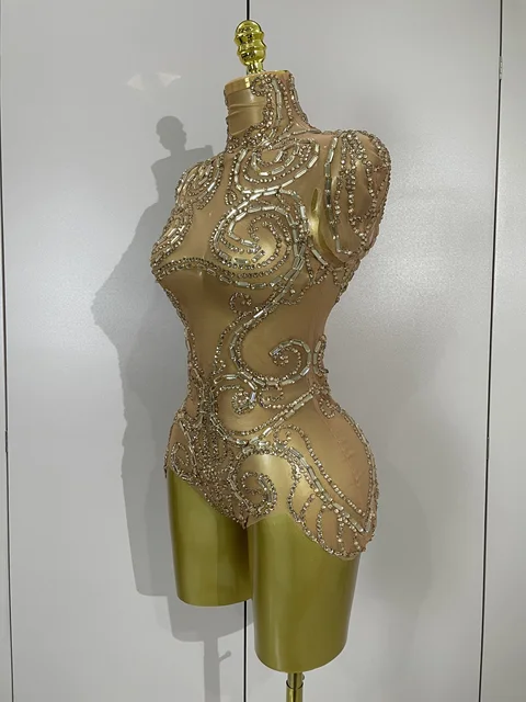 Sexy Shining Golden Rhinestone Mesh See Through Bodysuit Women Birthday Evening Party Celebrate Performance Nightclub Stage Wear