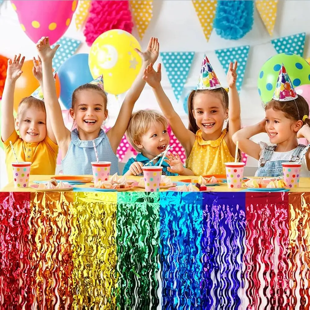 Colorful Rainbow Wavy Table Skirt 75*275cm Metallic Foil Tinsel Graduation Ceremony Table Dress Dress Party Decor