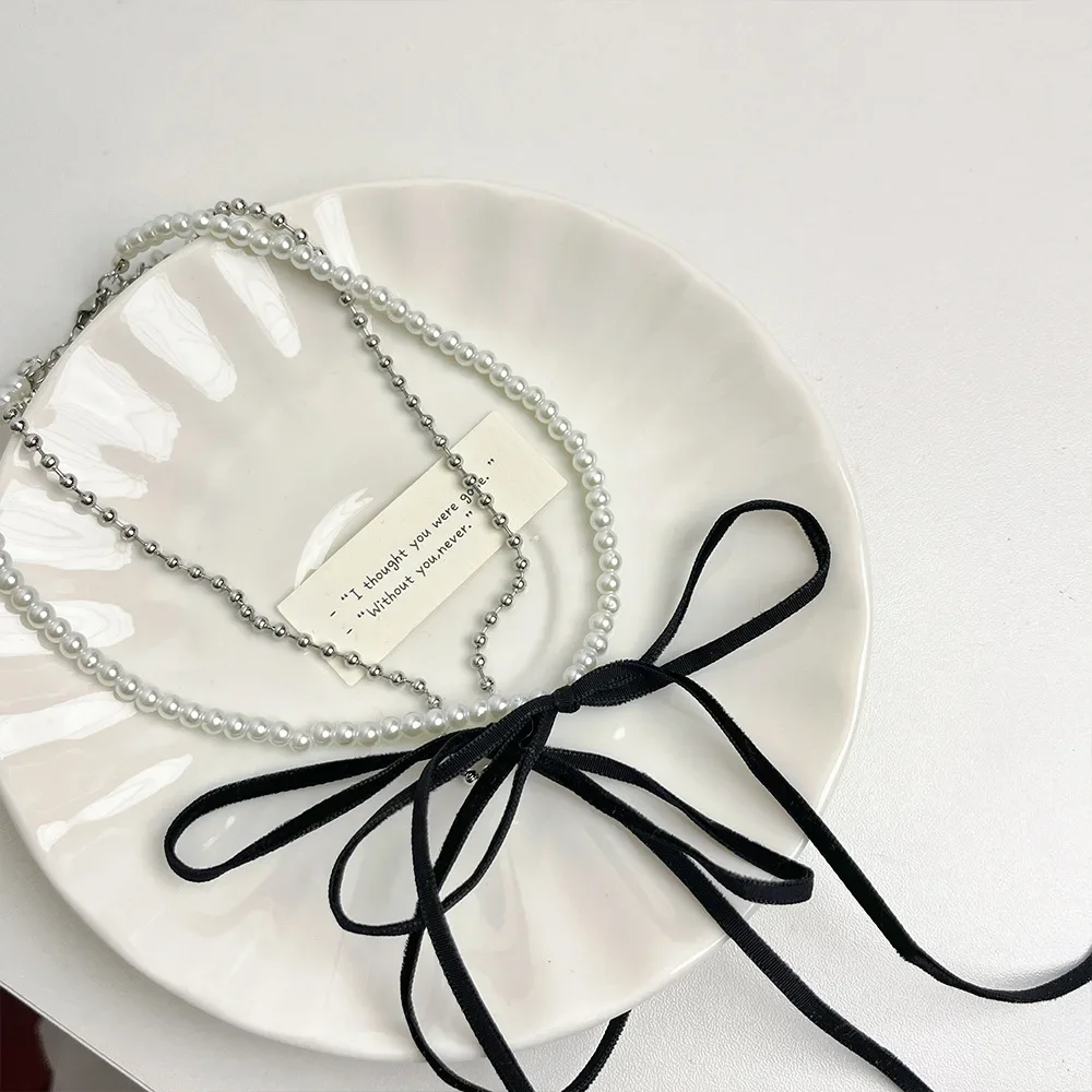 Y2k Korean bow women's necklace imitation pearl double layer fashion luxury wedding banquet clavicle chain For women Jewelry