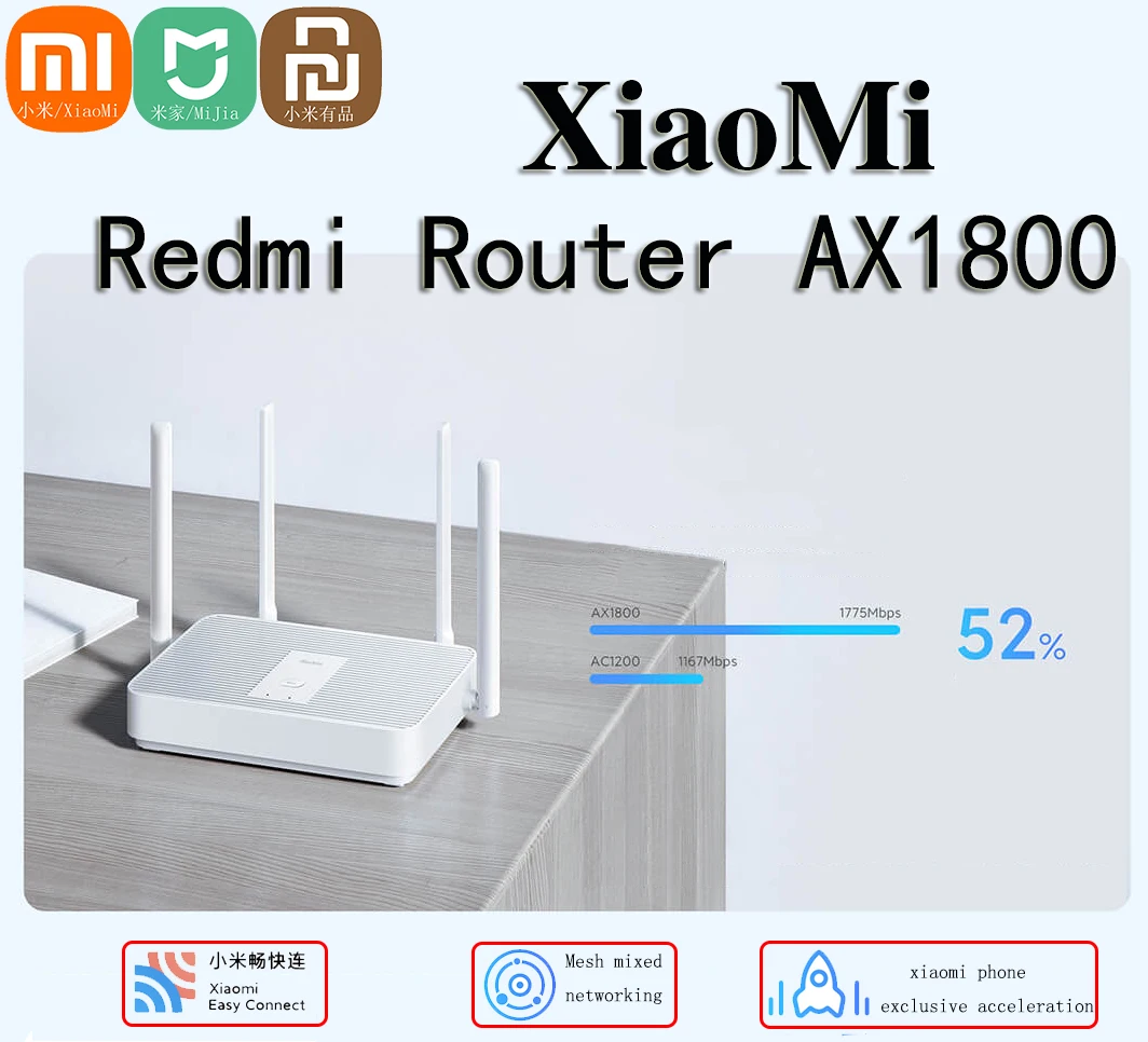

Xiaomi Redmi Router AX1800 WiFi6 2.4/5GHz Dual Frequency MIMO-OFDMA 128MB ROM Dual-Band Wireless Signal Amplifier Gigabit Router