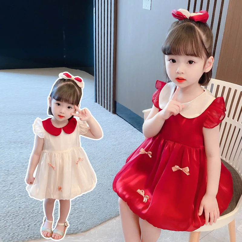 

Girls' Mesh Dress Summer New Girls' Little Flying Sleeves Solid Color Bow Decal Princess Dress Vestidos De Niña Ropa De Niña