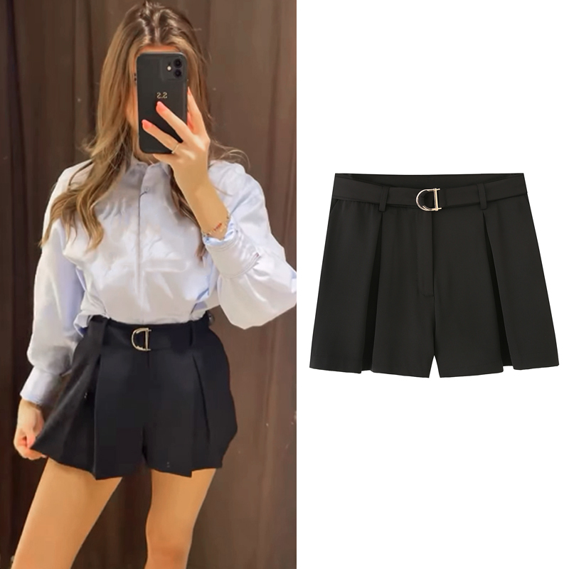 TRAF Black High Waist Shorts 2025 Women's Spring Summer Belt Short Pants Fashion Casual Office Y2k Elegant Shorts For Women