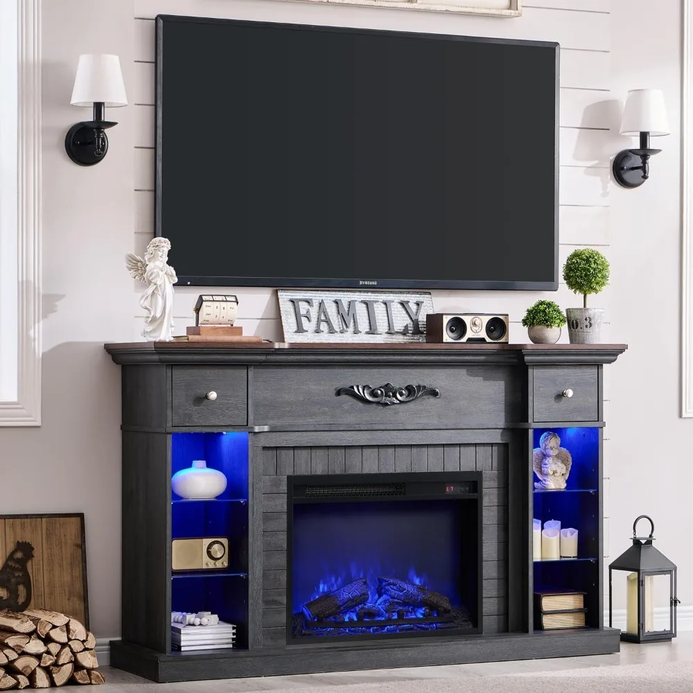 54" Farmhouse Electric Fireplace with Mantel, 33" Tall LED Fireplace TV Stand w/7 Lighting Colors, 23'' Freestanding Electric 2