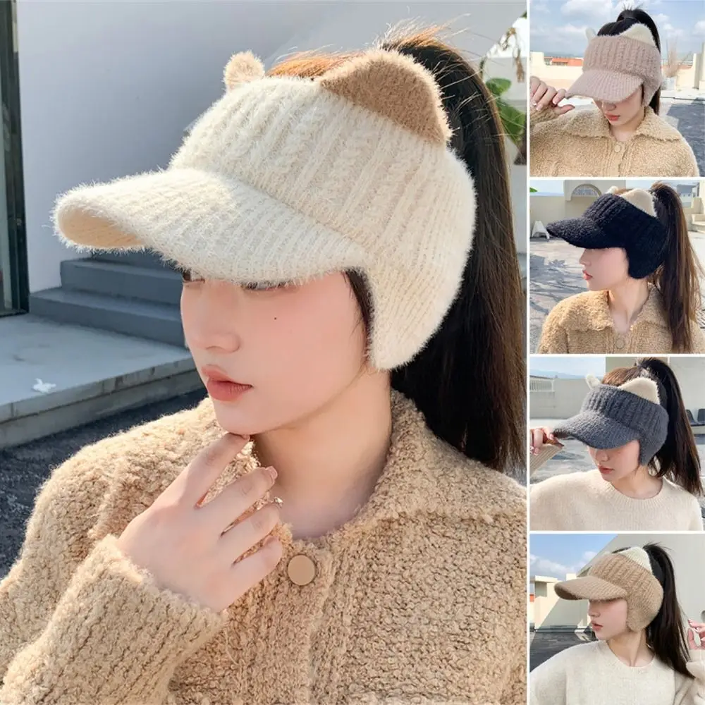 

Autumn Winter Warm Plush Hat Earmuffs Women Girls Knitted Hat Female Empty Top Baseball Cap Outdoor Cold-proof Windproof Bonnet