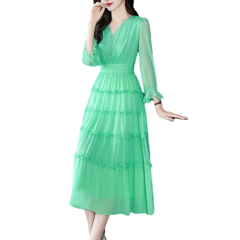 

Natural Silk Dress Women Clothing New Solid Color Fresh and Sweet Ruffles V-neck High-waisted 78030