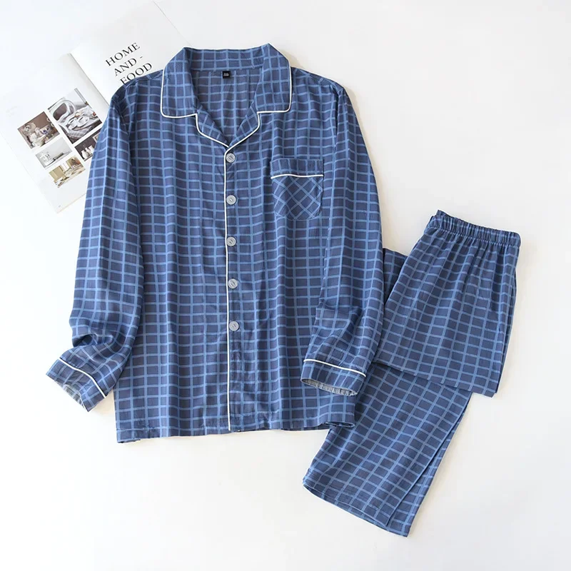 New spring and autumn men's 100% viscose pajamas long-sleeved trousers summer thin cotton plaid home service two-piece suit men