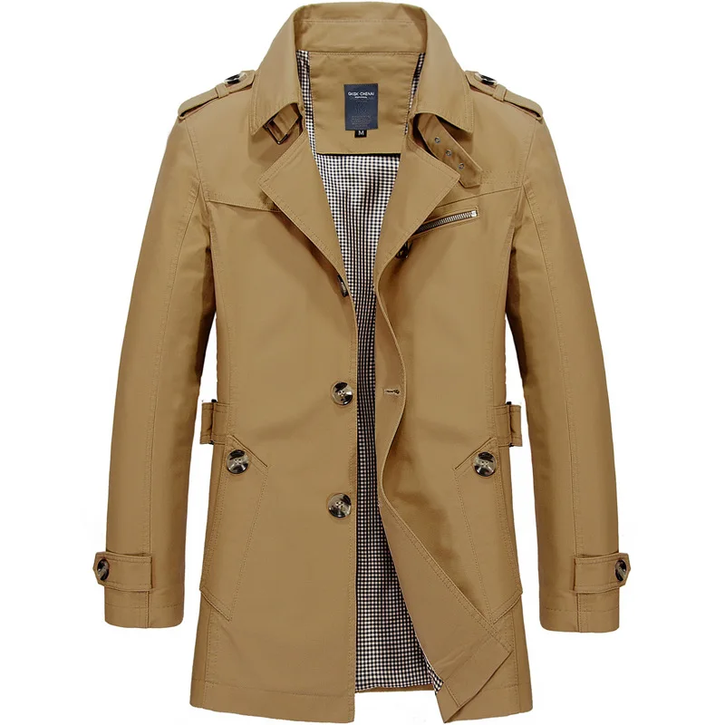 Man Windbreaker Spring Mid-length Turn Down Collar Male Outerwear Simple Single-breasted Long Sleeve Pocket Casual Men Jacket