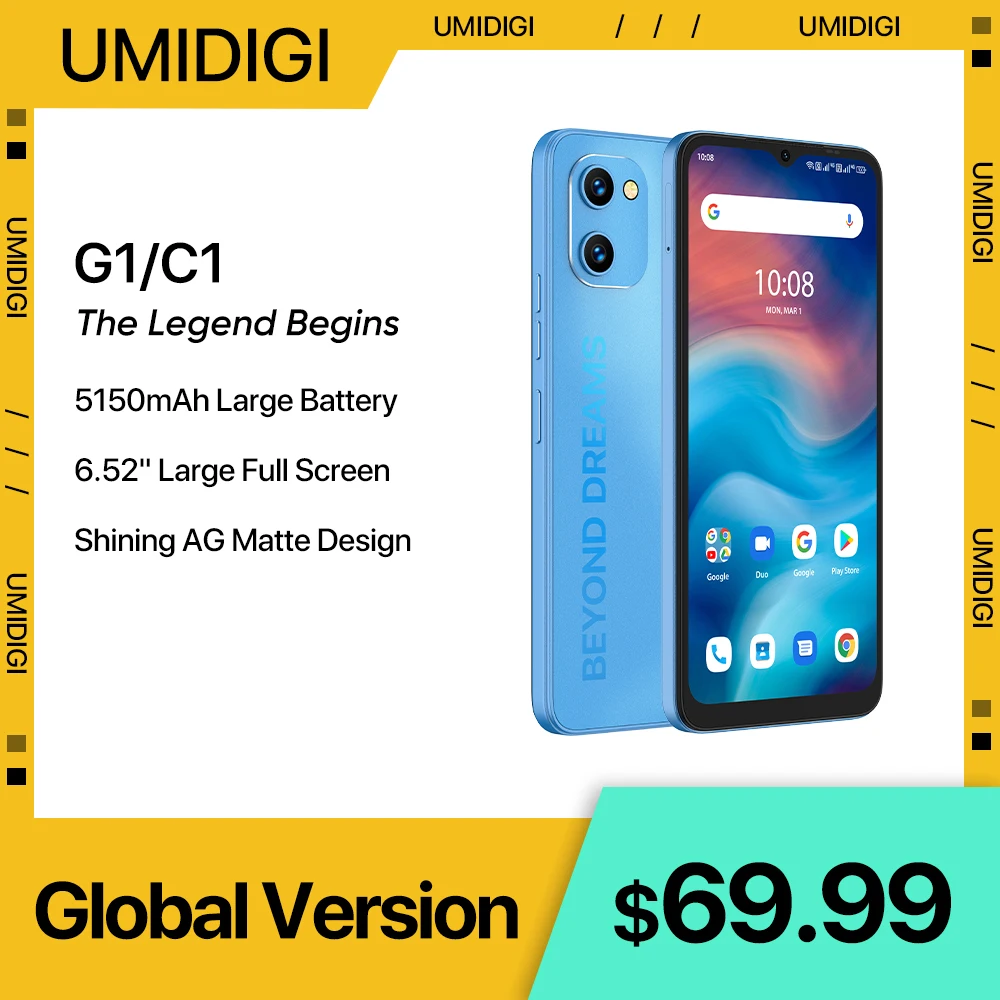 Разблокированный смартфон UMIDIGI C1 G1, Android, MTK6739, 2 + 32 ГБ, 6,52 дюйма, 13 МП, 5150 мАч