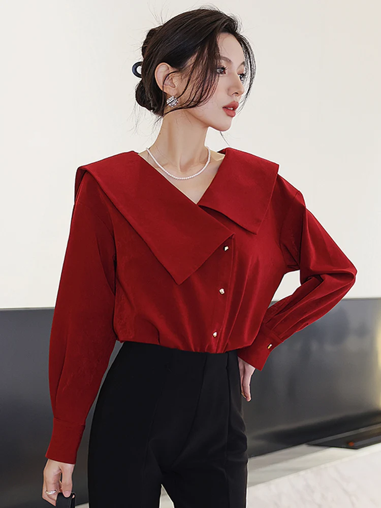

Женская блузка с отложным воротником, красная однобортная рубашка во французском стиле с длинным рукавом, весна-лето