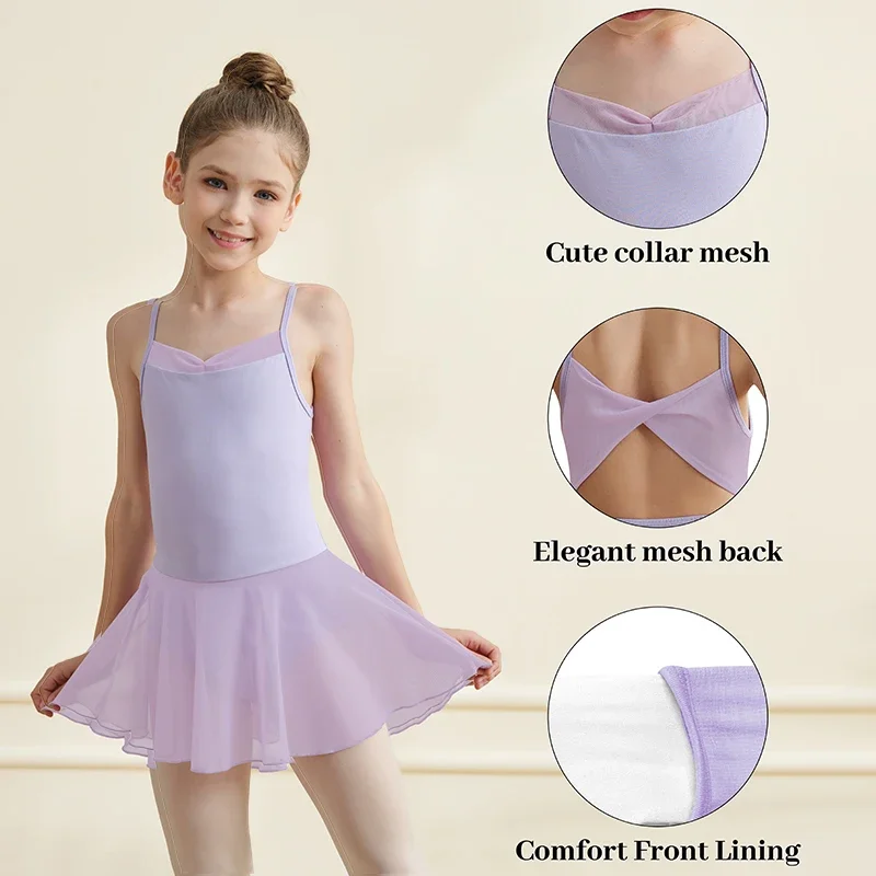 Mädchen Kurzarm-Ballett-Trikot mit Netzrücken und Schleifenknoten, Baumwoll-Tanzkleid für Mädchen – Detail 14