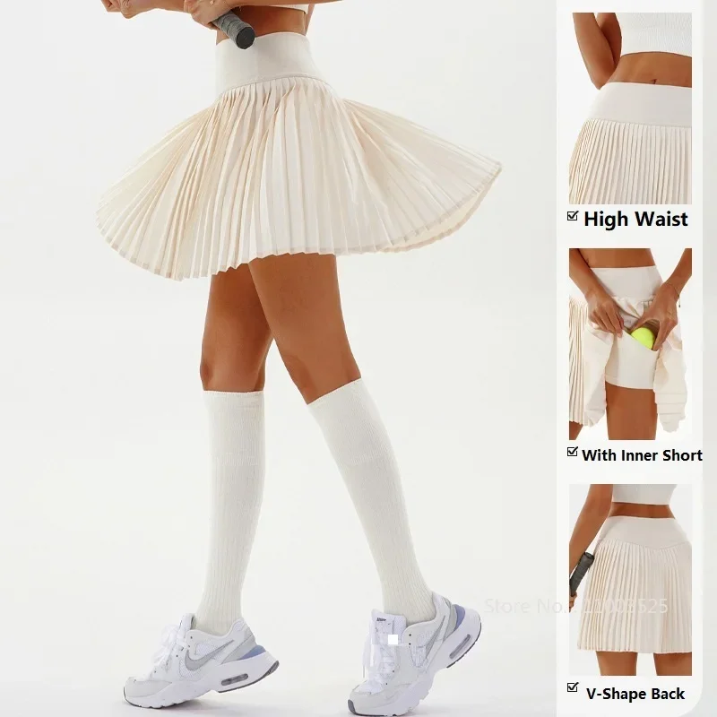 Women Athletic Tennis Running Skirt Plain Yoga Golf A-Lined Pleated Skirt with Pocket Girls High Waist Sports Skorts