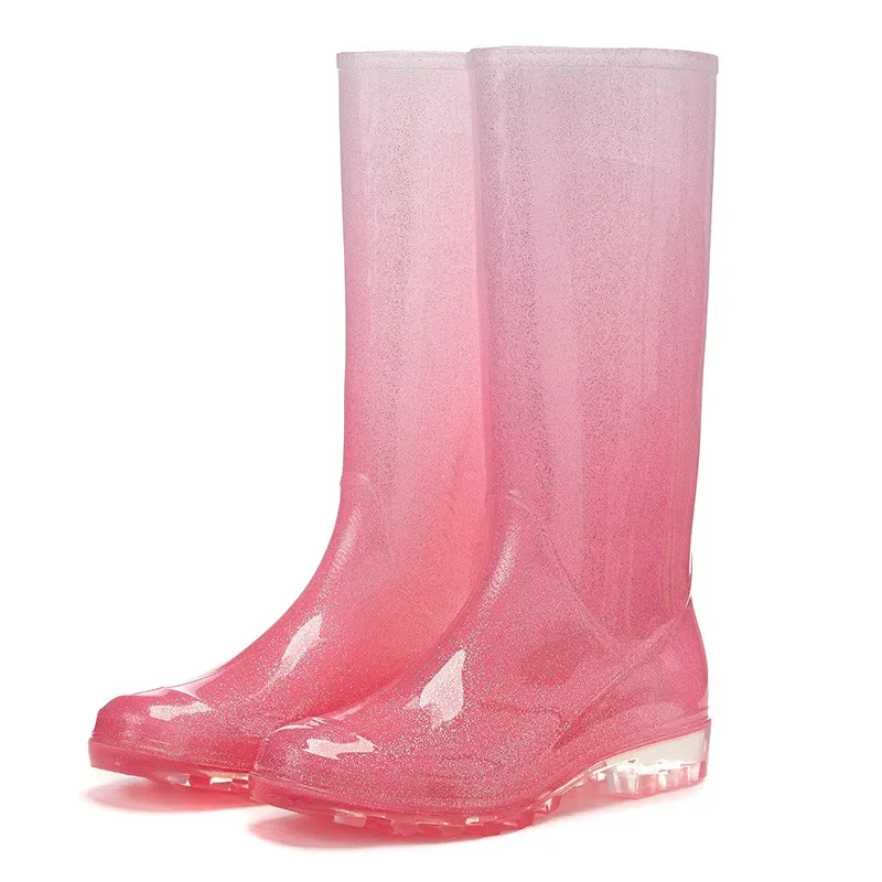 

New Women Fashion Knee-high PVC Rain Boots Female Crystal Slip-on Rainboots Outdoor Woman Water Shoes Wellies Boots