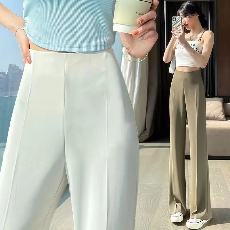 White Small Size Suit Pants Women's Spring Summer 2023 High Waist Narrow Version Zipper Waist Straight Leg Wide Leg Pants Drapey