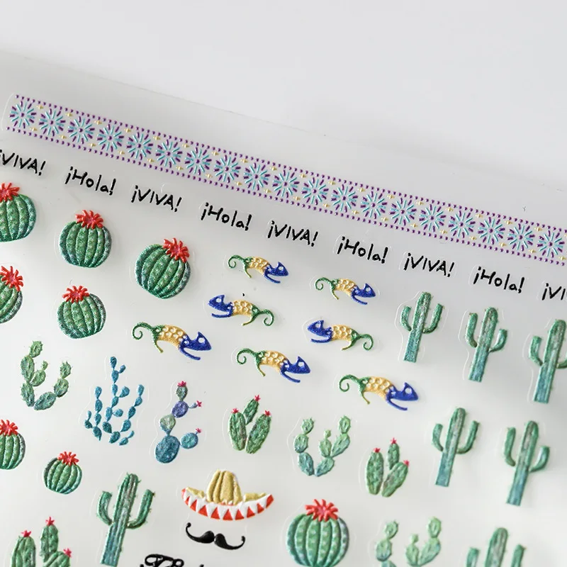 1 Sheet 5D Realistic Relief Green Cactus Mustache Straw Hat Hot Mexico Life Adhesive Nail Art Stickers Decals Manicure Charms