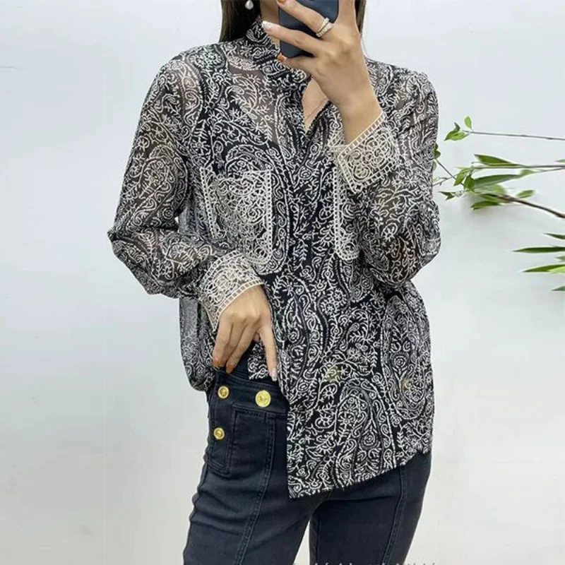 Fashion Vintage Women Clothing Loose Paisley Shirts Korean New Spring Summer Sunscreen Embroider Casual Long Sleeve Blouses 2023