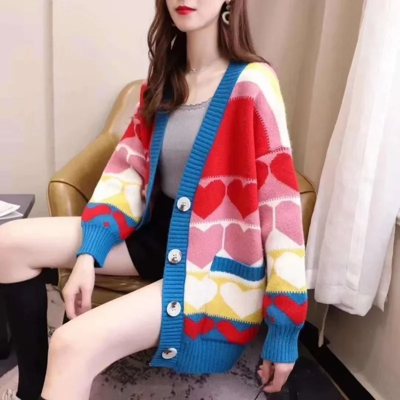 

Sweet and Caring Cardigan for Women in Autumn and Winter, New Korean Version Loose, Cute and Lazy V-neck Knitted Jacket Top