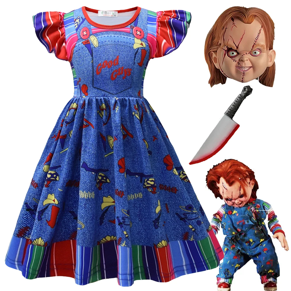 Cosplay Costume Girls Halloween Costume Ghost Doll Nightmare Clothing Chucky Cosplay Costume Children Carnival Party Princess Dress + Mask Set