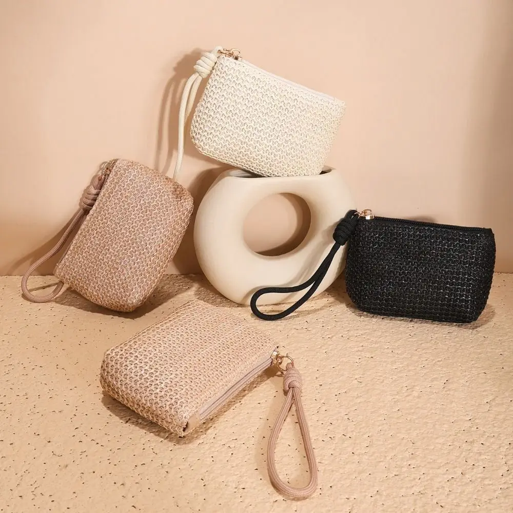 Fashion Women Girls Zipper Change Pouch Mini Straw Wallets Coin Purses Card Holder Money Bag