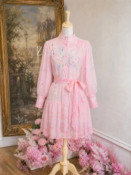 Abito da sera estivo elegante francese stampato da donna, con maniche a lanterna, monopetto, colletto alla coreana, mini abito vintage per le vacanze