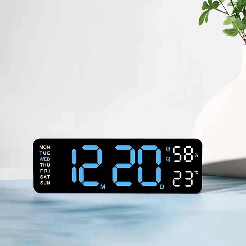 LED Digital Wall Clock Date Time Week Temperature Humidity Display Brightness Adjustable 2-Alarm Electronic Alarm Clock For Home