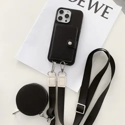 Streamlined Crossbody Wallet Case with Card Slot & Coin Purse - Leather Zipper Bag and Long Lanyard - iPhone 15 (Black)
