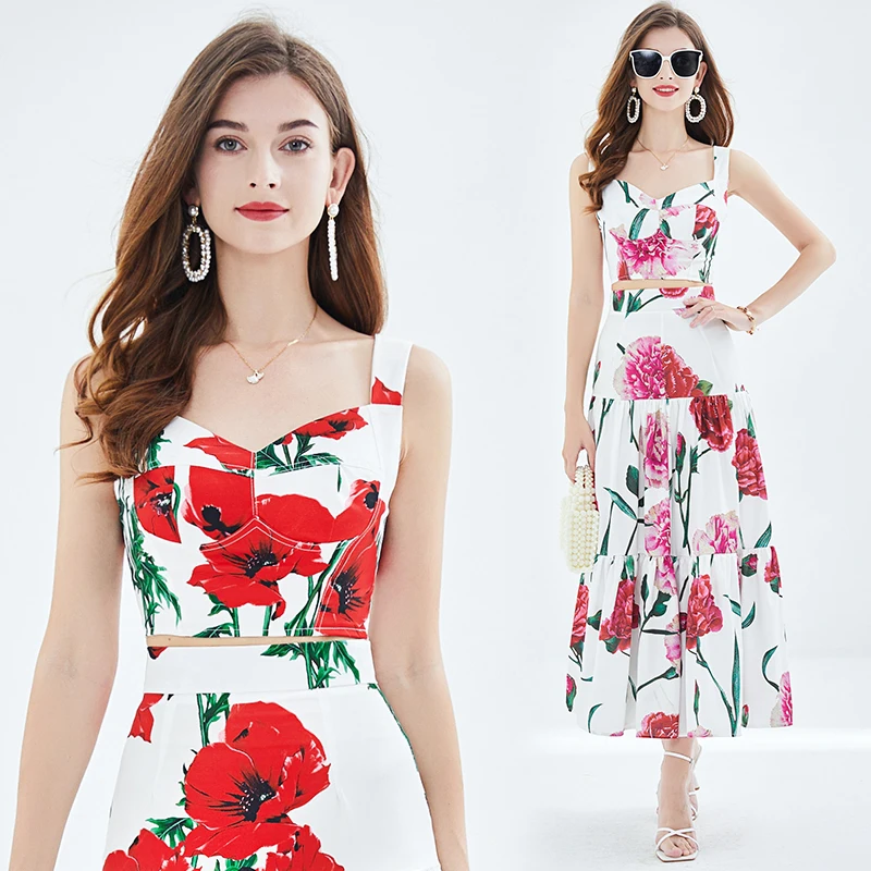 Runway Summer Maxi Skirt Top Suit Two Pieces Womens Outfits Fashion Floral Print Spaghetti Strap Holiday Beach Dress Set M530