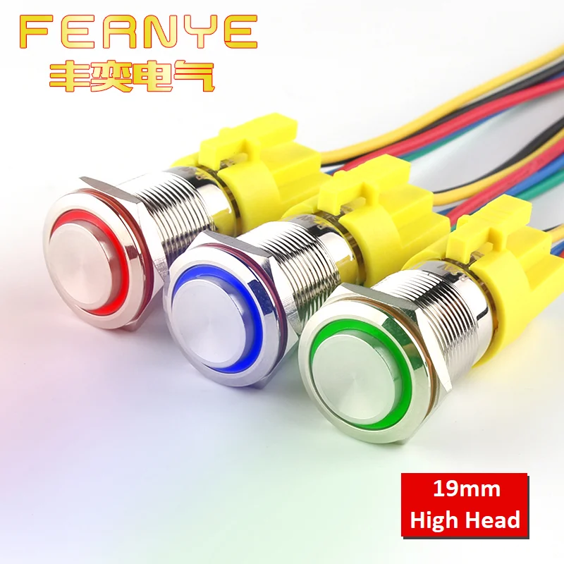 

19mm Metal Push Button Switch Waterproof LED Light Self locking/Momentary High Head Ring Symbol Switch with Connector