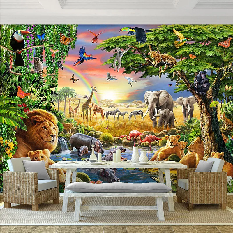 Papel de Parede 3d Personalizado para Sala de Estar Foto Mural Animal para Quarto de Criança Arco-íris Céu Floresta Verde Animal Elefante Leão Pintura a Óleo